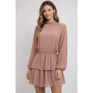Mustard Seed Dusty Rose Swiss Dot Tiered Babydoll Mini Dress M Boho Lagenlook
